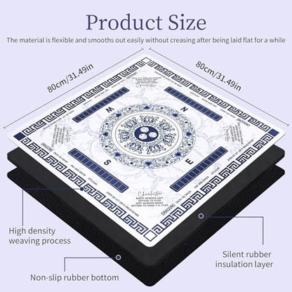 Blue Mahjong Mat for Table 31.5" x 31.5", Neoprene American Mahjong Table Mat with Rules Print, Non Slip Waterproof Mahjong Mat with Carry Bag for Mahjong, Poker & Board Games