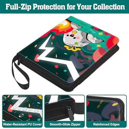 Trading Card Binder, 900 Pockets, 50 Sheets 9-Pocket, Refillable 3-Ring, Fits 2.5" x 3.5" Cards, Acid-Free PVC-Free Pages, Zip PU Cover with Strap, for TCG & Sports Cards – Campfire Design - color: Campfire Buddies