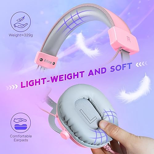 FIFINE USB Gaming Headset, PC Over-Ear Wired Streaming Headset with 3.5mm Jack, Detachable Microphone, 7.1 Surround Sound, Control Box, Passive Noise Cancellation, for PS5/Xbox/Switch-H9 Pink - color: Pink