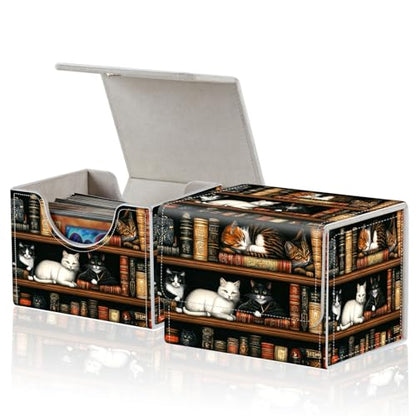 for MTG Commander Deck Box,Card Deck Box for Trading Yugioh MTG,Fits 100 Double Sleeved Cards,PU Leather Strong Magnet Case for Magic Commander TCG CCG,Cat Bookshelf - color: Cat Bookshelf