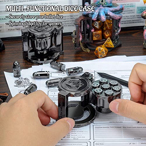CZYY Metal Polyhedral Bullet Dice Set with Spinning Revolver Cylinder Case | Complete 7-Dice Set, Solid Metal, RPG Fidget Tool, Accessories for DND, Sci-Fi, Western & Tabletop Game Themes, Black - color: Black