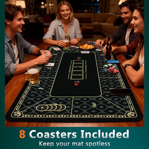 ORIENGEAR Poker Mat 70x35 Inch, 10 Player Poker Table Topper with Non-Slip Rubber Base & Carry Bag, Professional Blackjack Table Top for Texas Holdem, Home Casino Game Nights - color: Black