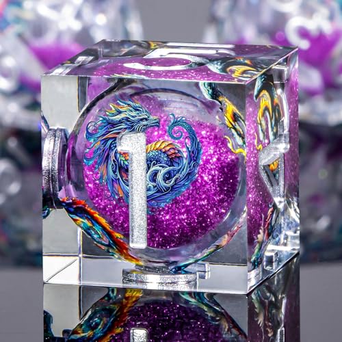 Roycevon Dragon Pattern Liquid Core DND Dice Set, 7Pcs Sharp Edge D&D Dice with Gift Box, Resin Purple Dungeons Dragons D and D Role Playing Dice D20 D12 D10 D8 D6 D4 - color: Purple