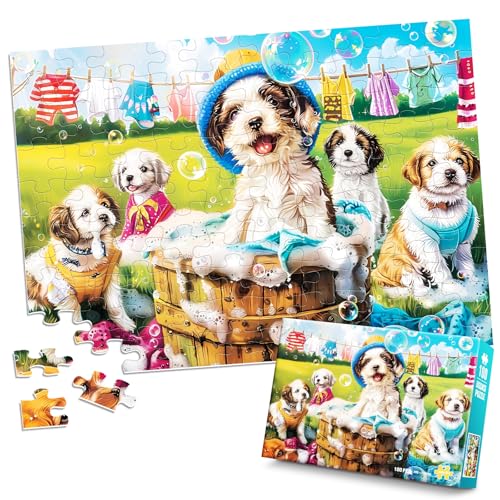 100 Piece Puzzles for Kids Ages 4-6 6-8 8-10 Year Old - Puppies and Bubbles, 100 Pieces Jigsaw Puzzles for Kids, Children Learning Educational Toys Gift for Boys and Girls - size: Dogs Puzzles