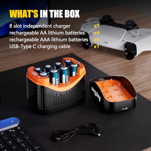 4 AA and 4 AAA Rechargeable Lithium Batteries with 8 Slot Li-ion Charger | 3400mWh Double A,1100mWh Triple A High Capacity,1.5V Constant Output, with Fast Battery Charger Storage Case - color: 4AA+4AAA+Charger