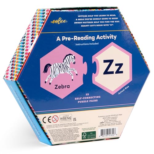 eeBoo Hexagon Puzzle Pairs - Alphabet, 33 Self-Correcting Pairs, Match Pictures to Letters, Pre-Reading Activity for Preschool Kids Ages 3 and up - style: Alphabet