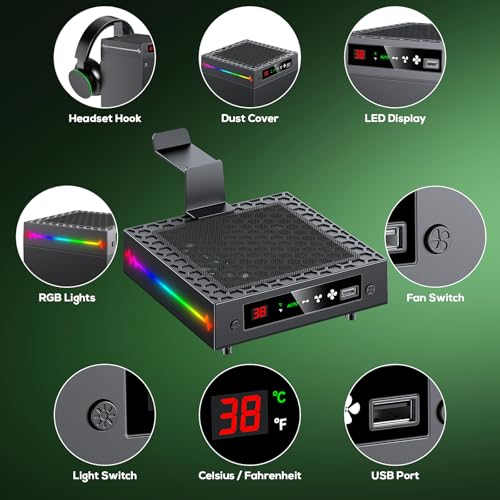 Auto Cooling Fan for Xbox Series X with LED Temperature Display&9 RGB Light | Smart Thermally-Adjustable Cooling System for Xbox Series X, 9 Lighting Modes, Cooler&Light Switch, Headset Hook, USB Port