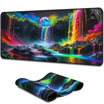 Simpkeely Large Fantasy Waterfall Gaming Mouse Pad - Blacklight Waterproof Glowing Desk Mat, 31.5" x 11.8" Extended Non-Slip Rubber Base for Office & Home - color: Waterfall