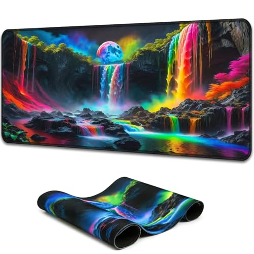 Simpkeely Large Fantasy Waterfall Gaming Mouse Pad - Blacklight Waterproof Glowing Desk Mat, 31.5" x 11.8" Extended Non-Slip Rubber Base for Office & Home - color: Waterfall
