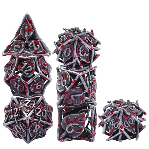 AUSTOR Metal DND Dice Set 7 Pieces Leaf DND Dice Hollow Polyhedral Dice D20 D12 D10 D% D8 D6 D4 Metal Dice with Metal Box for Dungeons & Dragons RPG Board Games (Tin & Blood) - color: Antique Tin & Blood Spattered