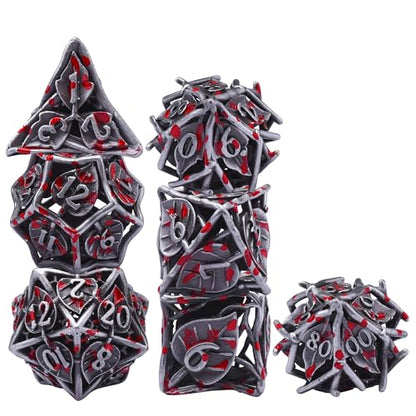 AUSTOR Metal DND Dice Set 7 Pieces Leaf DND Dice Hollow Polyhedral Dice D20 D12 D10 D% D8 D6 D4 Metal Dice with Metal Box for Dungeons & Dragons RPG Board Games (Tin & Blood) - color: Antique Tin & Blood Spattered