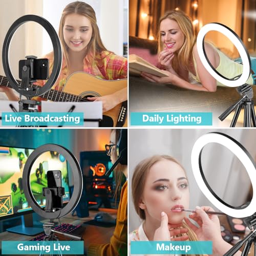 Sensyne 12'' Ring Light with 50'' Extendable Tripod Stand, LED Circle Lights with Phone Holder for Live Stream/Makeup/YouTube Video/TikTok, Compatible with All Phones - color: Nature, size: 12-inch