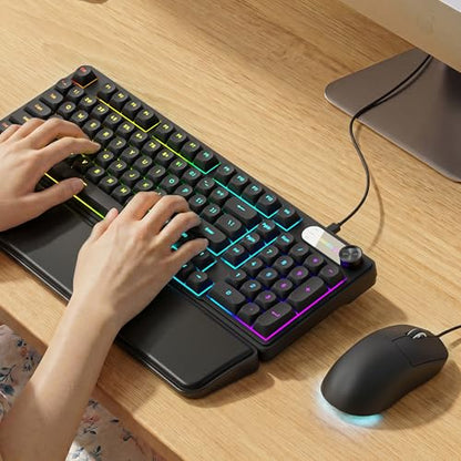 EWEADN Wired Keyboard and Mouse Combo with Detachable Wrist Rest, Quiet Ergonomic Keyboard Mouse Set with Multimedia Knob, RGB Backlit, Double-Shot Keycaps Natural Typing for Laptop, PC - Black - color: Black