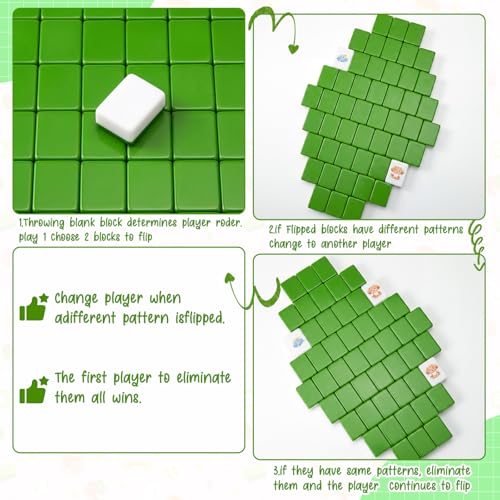 Green Pink 2 Players Mahjong Block Set, Mahjong Tile Game with 50 Tiles with 12 Different Patterns, Animal and Food Pattern, Portable Mahjongg Set with A Carry Bag（Includes Instruction Manual） - color: Green