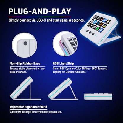 Macro Keypad, Stream Controller Deck Gaming Streaming Shortcut Keyboard, 18 Programmable Keys Customizable Visual AI Pad USB Soundboard for OBS, YouTube, Desk Office Setup, Laptop, PC, Mac