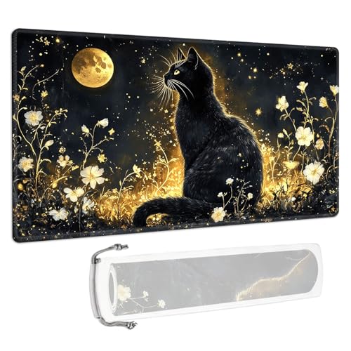 for MTG/TCG Playmat - 28x16 Inch Trading Card Game Mat with Reinforced Stitched Edges,Non-Slip Rubber Base and Free Storage Bag,Large Desk Mat,Moonlit Black Cat Art - color: Moonlit Black Cat Art, size: 28x16 Inch