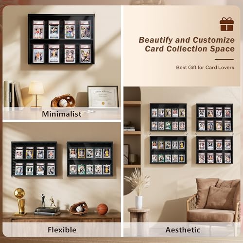 Emfogo Card Display Case, 2 Pack Trading Card Display with Clear View, Wooden Graded Sports Card Display Case Wall Mounted, Baseball Card Display Frame for Trading Card Collection (2 Pack-Black) - size: 2-Layer 2 Pack