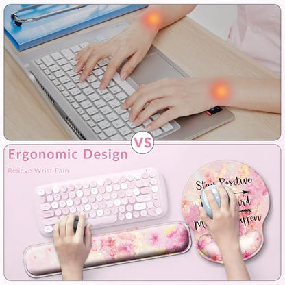 Large Mouse Pad and Keyboard Wrist Rest + Desk Mat Set,Full Long Mouse Pads for Desk Accessories with Memory Foam Gel Pink Mousepad for Women Computer Desktop Office Work-Pink & Black Slogan | Ergonomic,Pain Relief, 4-in-1 Large Big Mousepad Computer Mats