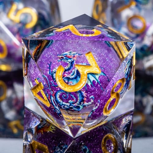 Roycevon Dragon Pattern Liquid Core DND Dice Set, 7Pcs Sharp Edge Dice with Gift Box, Purple Resin Dungeons Dragons D and D Role Playing Dice D20 D12 D10 D8 D6 D4 - color: Purplr Gold