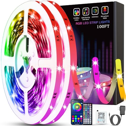 Tenmiro Led Lights for Bedroom 100ft (2 Rolls of 50ft) Music Sync Color Changing Strip Lights with Remote and App Control RGB Strip, for Room Home Party Decoration - size: RGB 100FT