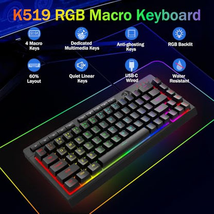 Redragon Wired Gaming Keyboard, RGB Backlit, 60% Compact Membrane Keyboard | Whisper-Quiet with Programmable Macro and Multimedia Keys, Anti-ghosting, Spill Resistant for Win/MAC/PS/Xbox