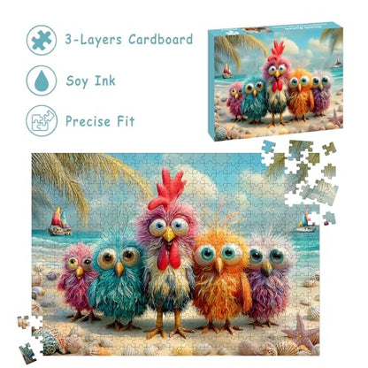 Puzzles for Adults 500 Pieces, Chicken Jigsaw Puzzles - Beach Bunch, Impossible Beach Puzzles for Seniors Family, 20.47x14.96 inches, 1:1 Poster, Letter on The Back