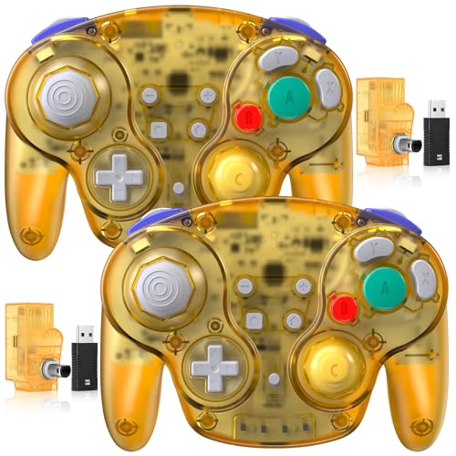 2 Pack Wireless GameCube Controller for Switch 1/2, NGC Console, 2.4 GHz | (Built-in Vibration) (Rechargeable) (Analog Triggers / Stick), Compatible with Switch Online, Windows PC, macOS(Clear Yellow) - color: Two Pack Clear Yellow