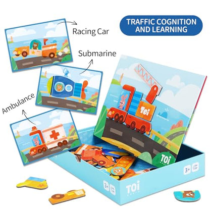 Toi Kids Magnet Toys Magnetic Jigsaw Puzzle Boxes with Game Board for Kids Ages 3-8, Preschool Tabletop Toy for Toddlers, Portable Travel Game, Vehicle - style: Vehicle