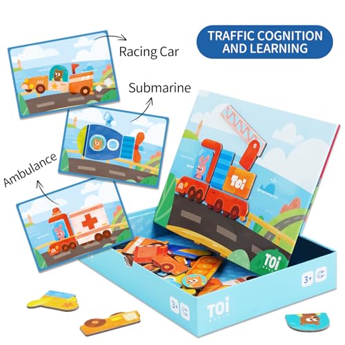 TOI Kid Magnet Toys Magnetic Jigsaw Puzzle for Kids Ages 3-5, Vehicle | Portable Travel Puzzle, Toddler Magnetibook with Game Board, Preschool Educational Game, Home School Tabletop Activity Gift - style: Vehicle