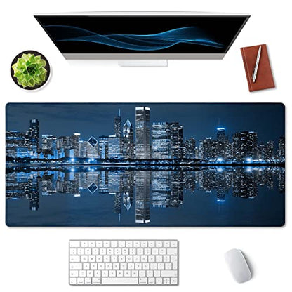 SSOIU Extended Gaming Mouse Pad (35.5x15.7 in), Large Non-Slip Rubber Base Mousepad with Stitched Edges, Waterproof Keyboard Mouse Mat Desk Pad for Work, Game, Office, Home - Chicago Skyline - color: Chicago Skyline