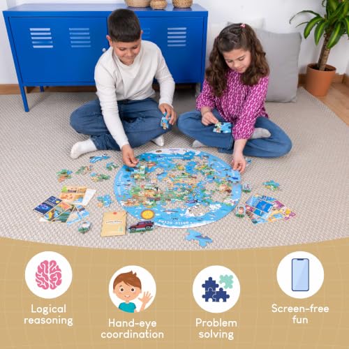 BONNYCO Giant Floor Puzzles for Kids World Map with 70 Large Pieces. Round Globe Puzzle with Animals, 23 x 23 in, 15 Cards, 4 3D Figures, Guide. Learning Gifts, Toys for 4 Year Old Boys