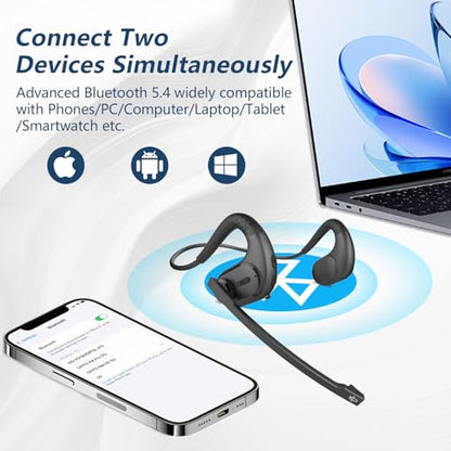 BANIGIPA Bluetooth Headset with Removable Microphone, Noise Cancelling Wireless Headset for Phones Laptop Computer PC, Open Ear Headphones for Office Meeting Running Cycling Driving Working-12 Hrs