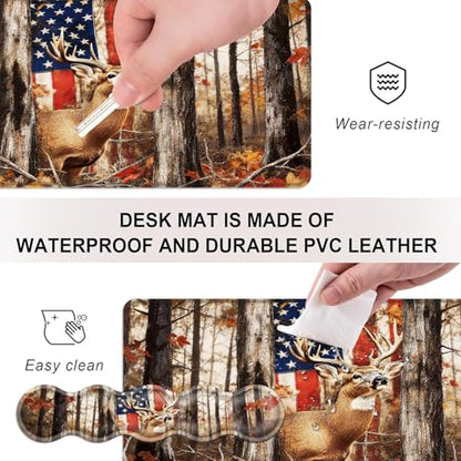 Mouse Pad,Large Desk Mat Set, 4in1 XL Mousepad + Keyboard Wrist Rest+Mouse Wrist Rest+Coaster with Ergonomic Desk Pad for Home Office Table Computer Cover -American Flag and Deer - color: American Flag and Deer