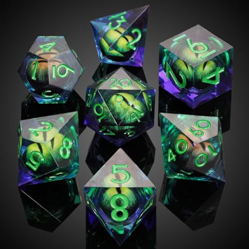 MoKo Liquid Core DND Dice Set 7PCS, Green | Sharp Edge Resin Polyhedral, D20 D12 D10 D8 D6 D4 D%, Gift Box Included, Compatible with Dungeons and Dragons RPG - color: 1 - Green