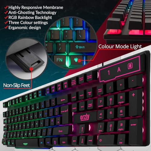 Orzly Gaming Keyboard RGB USB Wired Rainbow Keyboard Designed for PC Gamers, PS4, PS5, Laptop, Xbox, Nintendo Switch, RX-250 Hornet Edition - color: Black