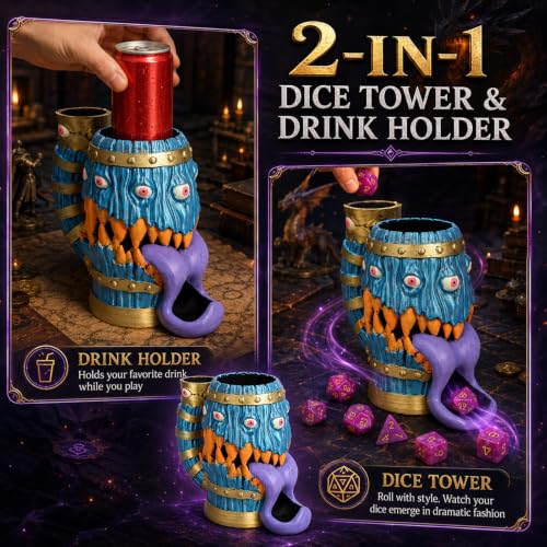 Dice Tower Mug, Dice Rolling Tower, Comes with 7 PCS Dice Set, Suitable for DND Dungeons and Dragons, Tabletop Games, Available As Drink Holder, D&D Gifts, DND Accessories (Purple Tongue) - color: Purple Tongue