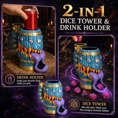 Dice Tower Mug, Dice Rolling Tower, Comes with 7 PCS Dice Set, Suitable for DND Dungeons and Dragons, Tabletop Games, Available As Drink Holder, D&D Gifts, DND Accessories (Purple Tongue) - color: Purple Tongue