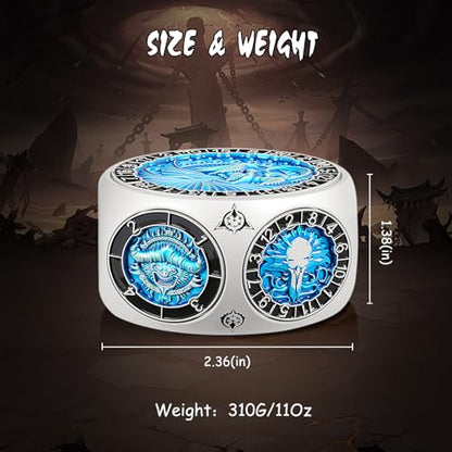 DNDND Unique Hexagonal Spinner Metal Dice, 8-in-1 DND Dice with Dual D20 Monster Themed Dice Set for DND Dungeons and Dragons, Dungeon Masters with Collectible Gift Tin (Silver with Blue) - color: Silver Blue