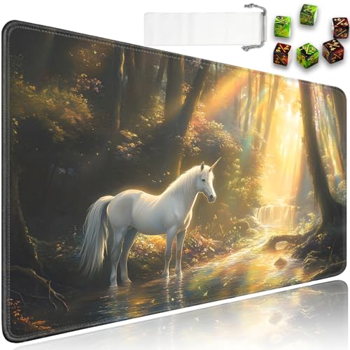 for MTG Game Playmat - 24 x 14 inches with Dices and Storage Bags, Non-Slip Base for TCG and Board Game Card Mats, Trading Card Games Mat, White Horse in The Forest Pattern Collectible Card Playmats - color: Jv-playmat-p7-1-d115
