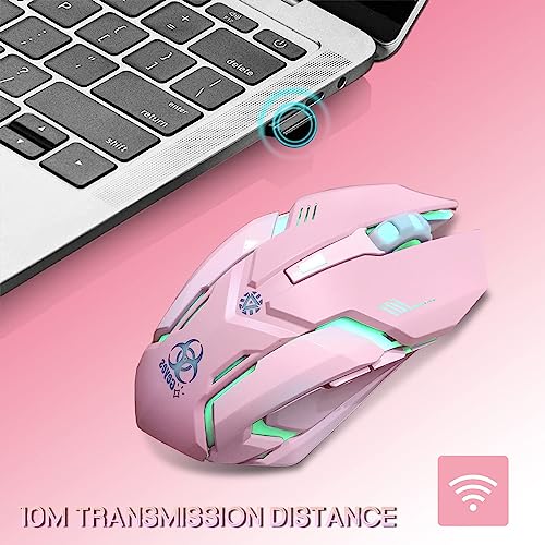 VEGCOO Pink Wireless Gaming Mouse, Silent Click Wireless Mouse with Colorful RGB LED Lights, Rechargeable Computer Mice with Side Buttons and 3 Level DPI, for Laptop and Desktop - color: Pink