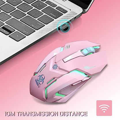 VEGCOO Pink Wireless Gaming Mouse, Silent Click Wireless Mouse with Colorful RGB LED Lights, Rechargeable Computer Mice with Side Buttons and 3 Level DPI, for Laptop and Desktop - color: Pink