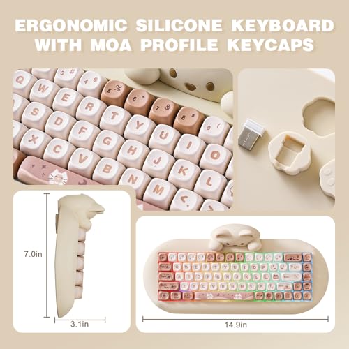 YUNZII C68 Silicone Cute Cat Mechanical Keyboard (Brown,Cocoa Cream Switch) | Wireless Triple Mode BT5.0/2.4G/Wired, RGB Backlit NKRO, Cute Cat Silicone Ergonomic Design for Win/Mac - color: Brown, size: Cocoa Cream V2 Switch