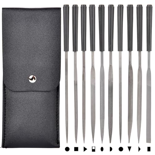 10pcs Mini Steel Needle Files,Packed in Synthetic Leather Case,for high Precision Sanding Work on Wood and Plastic Carving - color: Black