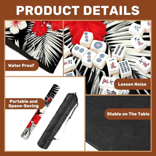Mahjong Mat 31.5" x 31.5" Red White Hibiscus Flowers Black White Leaves Seamless Beach Non-Slip Noise Reduction Mahjong Tiles Table Cover for Dominoes Poker Card Board and Tile Games - color: Color4