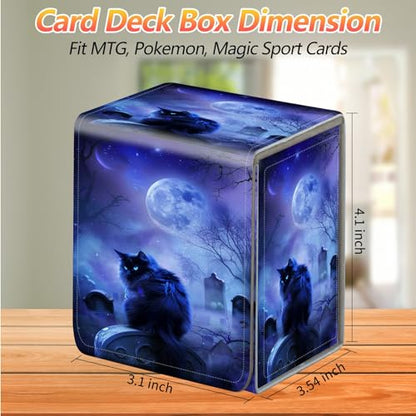 Card Deck Box, Card Storage Box Fits 100+ Single Sleeved Cards, Large Capacity PU Leather Card Storage Box with Strong Magnet for Magic Commander TCG CCG, Night Black Cat - color: Night Black Cat