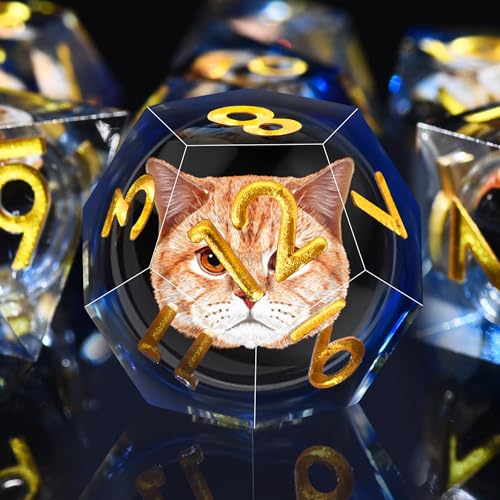 AUSTOR 7 Die DND Dice Set 7 Pieces Cat Resin Dice Role Playing D and D Dice D20 D12 D10 D8 D6 D4 Sharp Edge Dungeons and Dragons Dice with Case - color: Cat - Blue