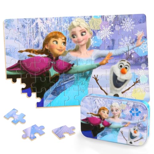 Puzzles for Kids Ages 4-8,Kids Puzzls in a Metal Box,Winter Princess Snowman Small Puzles,Kid Boys Girls Learning Educational Puzzle Packed in Tin Box,60 Pieces - color: Princess60