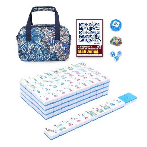 American Mahjong Tile Set with Printed Handbag, 166 Premium Blue Tile and Accessories, Portable and Stylish Mahjong Set, Mahjong Game Set for Travel, Gifts（Blue, No Racks） - color: Blue