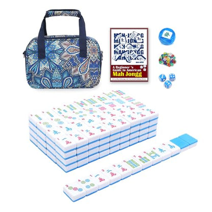 American Mahjong Tile Set with Printed Handbag, 166 Premium Blue Tile and Accessories, Portable and Stylish Mahjong Set, Mahjong Game Set for Travel, Gifts（Blue, No Racks） - color: Blue