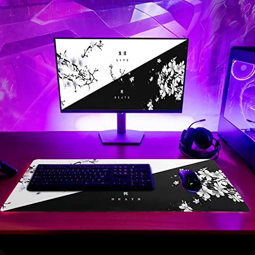 Black and White Japanese Cherry Blossom Gaming Mouse Pad Sakura Death Life Flower Mat 31.5x11.8 Inch Texture Non-Slip Rubber Base Mousepad Stitched Edges Keyboard Desk Pad for Office Home Game - color: Black and White Cherry Blossom